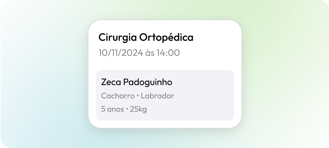 Exemplo de visualização de demandas como é no sistema VetCode, com exemplo de texto sendo: Cirurgia Ortopédica, 10/11/2024 às 14:00, Afonso, Gato • Frajola, 3 anos • 5kg